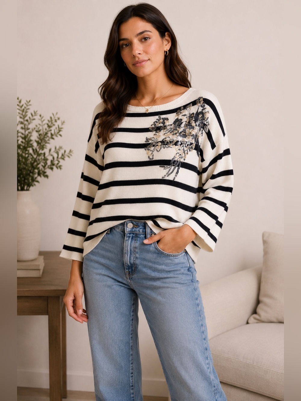 Demylee Striped Oversized Sweater with Floral Sequin Design Size S Parisian